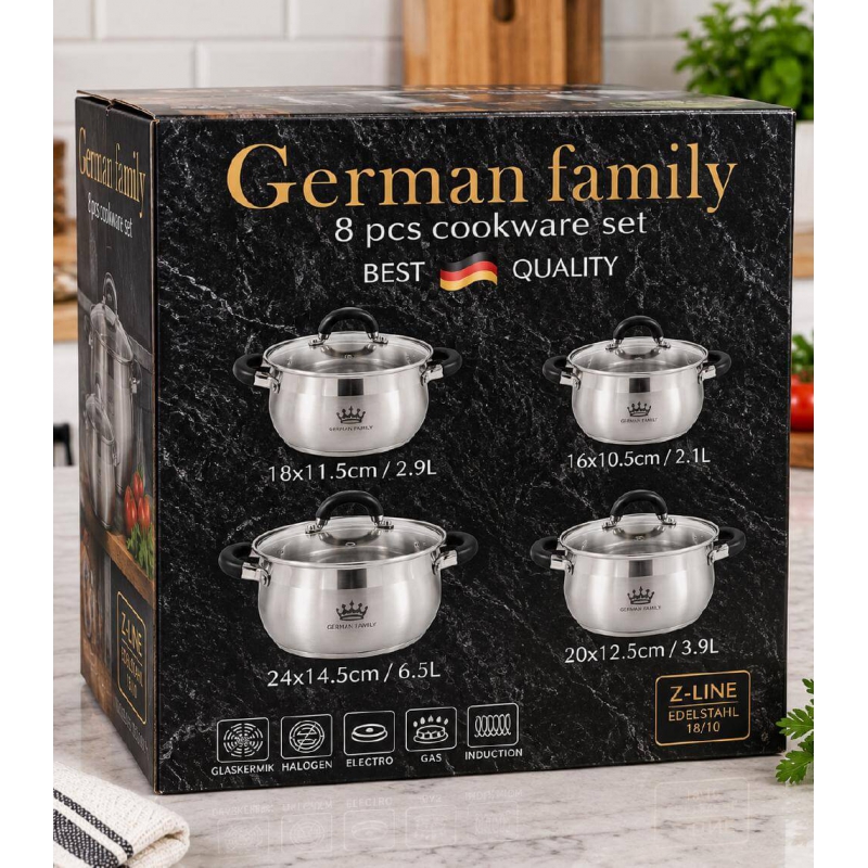 Упаковка набору каструль German Family GF-2045 8 предметів